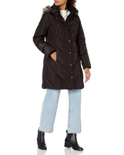 London Fog 36" Snap Front Down Coat With Multi Pattern Quilt And Hood - Multicolor