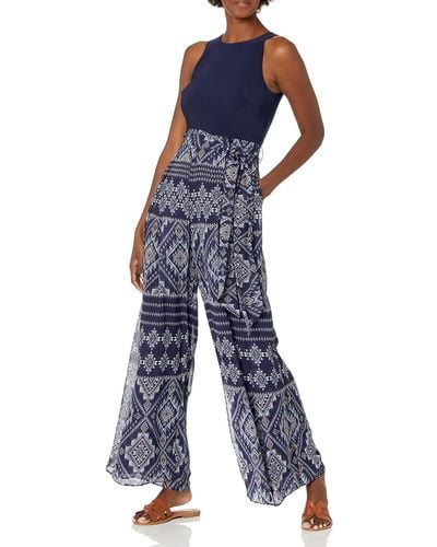 Vince Camuto Chiffon And Jersey Jumpsuit With Wrap Front Pant - Blue