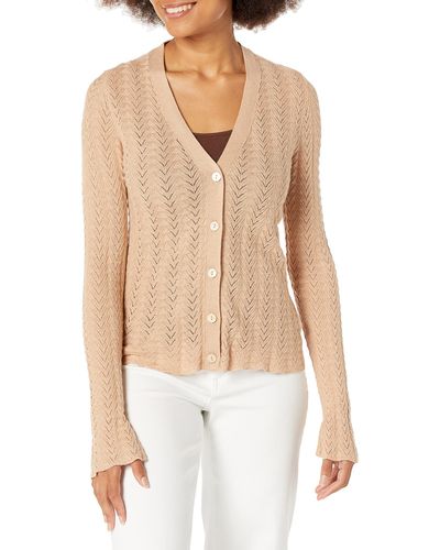 PAIGE Pointelle Susan Top Slim Cardigan Slit At The Sleeve Button Front In Soft Camel - White