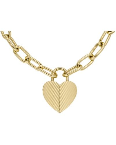 Fossil Harlow Linear Texture Heart Gold-tone Stainless Steel Pendant Necklace - Metallic