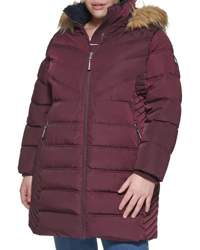 Tommy Hilfiger Plus Size Quilted Long Puffer Hooded Fur Trim Jacket - Purple