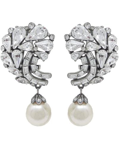 Ben-Amun Pearl Drop Swarovski Crystal Cluster Clip On Earrings Sterling Silver Glass Pearl Dangle Drop - Metallic