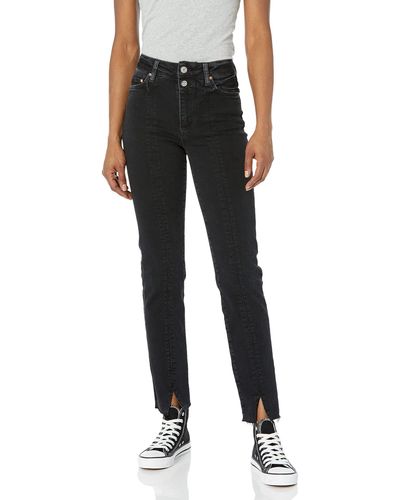 PAIGE Cindy With Double Button Front Seam And Slits High Rise Stright Leg In Washed Obsidian Distressed - Black