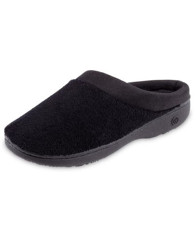Isotoner Terry And Satin Slip On Cushioned Slipper With Memory Foam For Indoor/outdoor Comfort - Black