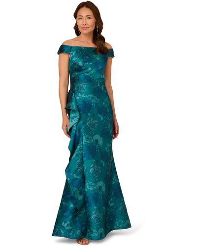 Adrianna Papell Ruffle Jacquard Mermaid Gown - Blue
