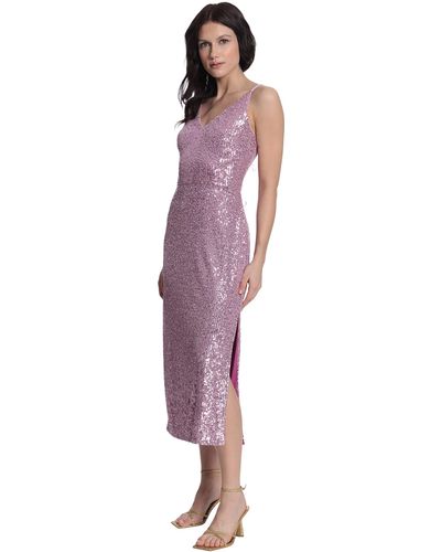 Donna Morgan Sequin V-neck Spaghetti Strap Midi Dress With High Slit - Purple