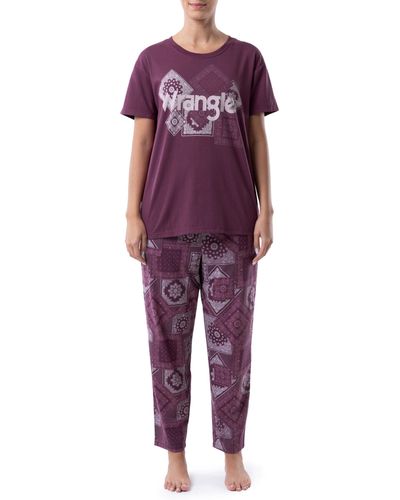 Wrangler Short Sleeve Graphic Tee And Printed Pants Pajama Sleep Set - Purple