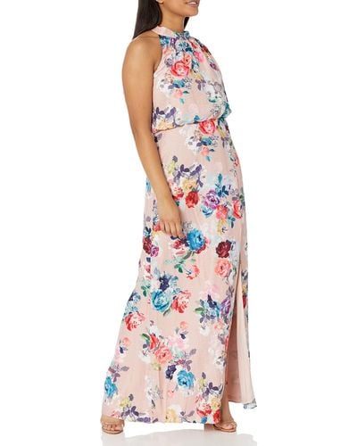 Adrianna Papell Floral Satin Jacquard Halter Neck Gown - White