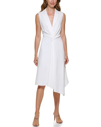 DKNY Asymetrical Hem Scuba Crepe V-neck Dress - White