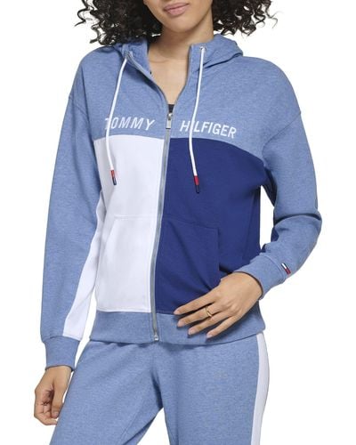 Tommy Hilfiger Soft & Comfortable Fleece Colorblocked Full Zip Hoodie - Blue