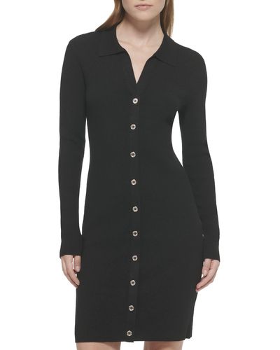 Tommy Hilfiger Sheath Sweater Button Front Dress - Black