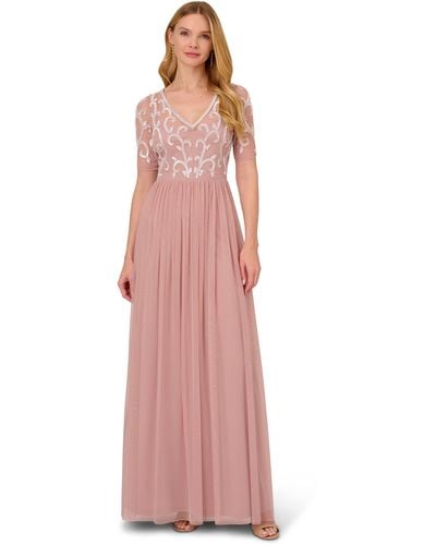 Adrianna Papell Beaded Mesh Covered Gown - Pink