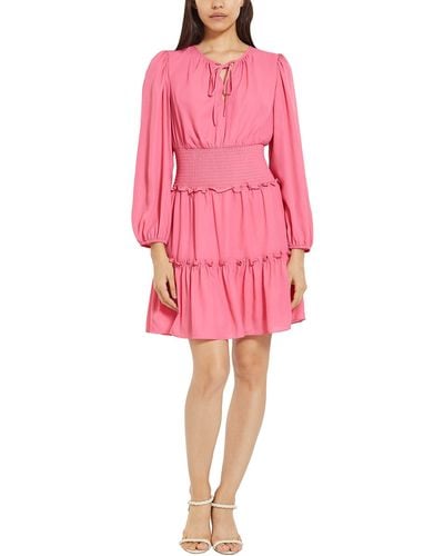 BCBGMAXAZRIA Fit And Flare 3/4 Sleeve Smocked Front Tie Mini Dress - Pink