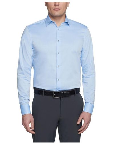 Calvin Klein Dress Shirt Regular Fit Non Iron Herringbone French Cuff - Blue