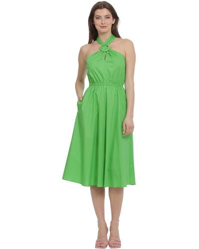 Maggy London Halter Neck With Circle Trim Detail Cotton Poplin Dress Party Occasion Date Guest Of - Green