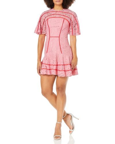 Keepsake Dreamers Short Sleeve Lace Ruffle Hem Mini Dress - Pink
