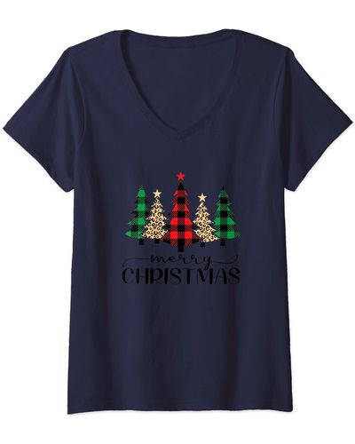 Ash S Merry Christmas Holiday Plaid Christmas Tree & Leopard Print V-neck T-shirt - Blue