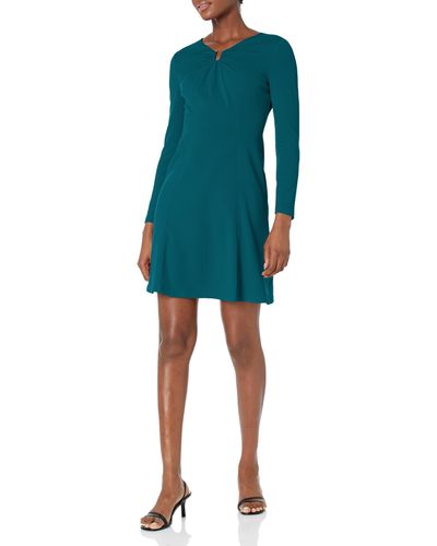 Donna Morgan Long Sleeve Fit And Flare Crepe U-ring Trim Dress Workwear Career Office Event Guest Of - Blue