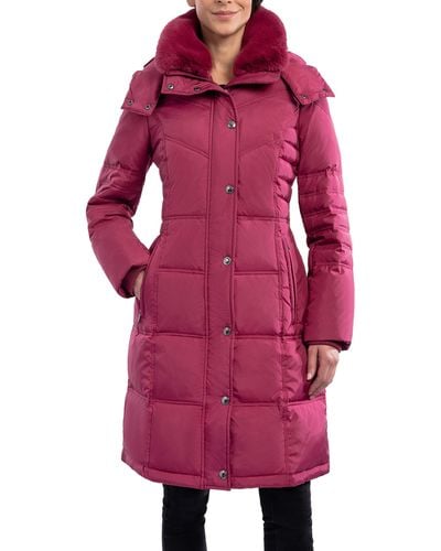 London Fog Chevron Coat With Faux Fur Trimmed Hood - Red