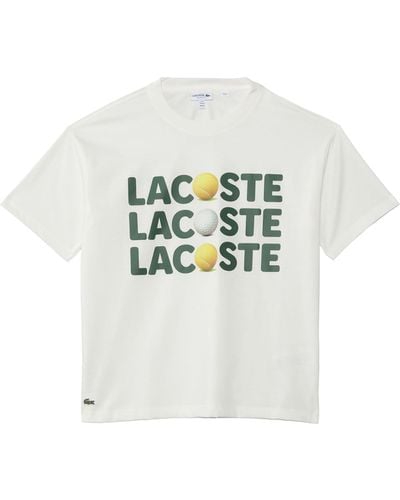 Lacoste Short Sleeve Crew Neck Tee Shirt W/large Wording Graphic + Tennis Ball - White