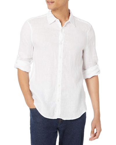 Perry Ellis Untucked Roll Sleeve Linen Chambray Shirt - White