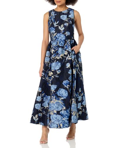 Shoshanna Serra Embossed Floral Jacquard Halter Ankle Length Dress - Blue
