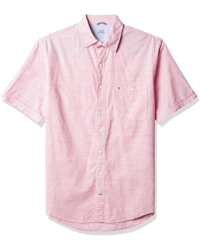 Izod Big Saltwater Dockside Chambray Short Sleeve Button Down Solid Shirt - Pink