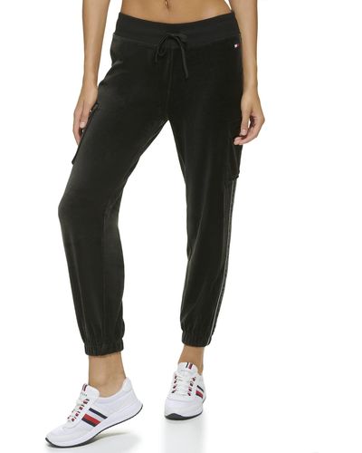 Tommy Hilfiger Velour Fabric Cargo Pockets Jogger Rib Waistband With Drawcord Ghost Debossed Logo Taping - Black