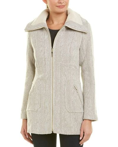 Kensie Full Zip Front Wool Blend Tweed Jacket - White