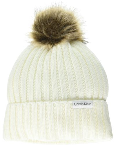 Calvin Klein Warm Fleece Lined Faux Fur Pom Hat - Natural