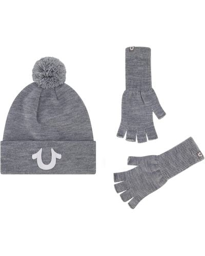 True Religion Beanie Hat And Fingerless Gloves Set - Gray