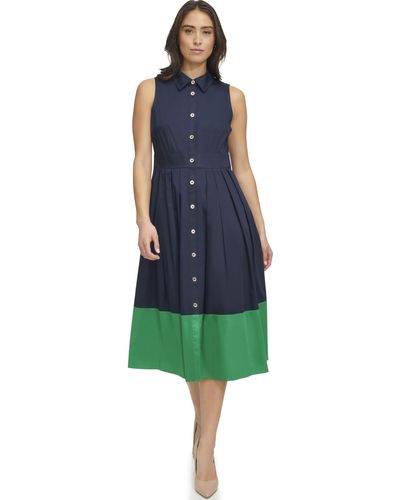 Tommy Hilfiger Cotton Sateen Fabric Sleeveless Midi Shirt Dress - Blue