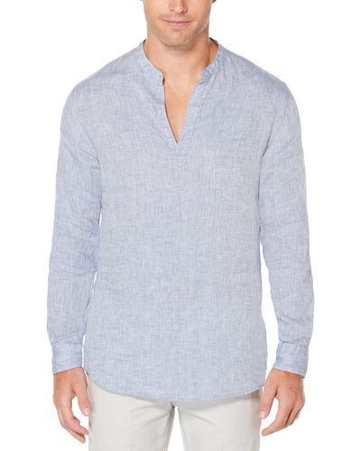 Perry Ellis Long Sleeve Solid Linen Popover Shirt - Blue