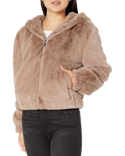 The Drop Sloane Faux Fur Zip Front Hooded Bomber Jacket - Brown