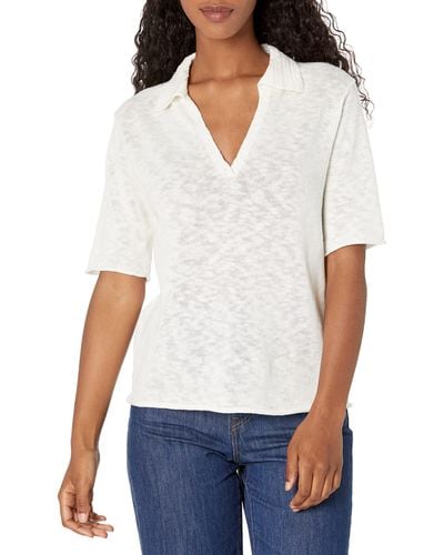 Velvet By Graham & Spencer Womens Torie Linen Cotton Top Polo Shirt - White