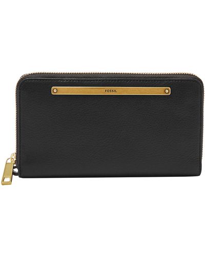 Fossil Liza Leather Zip Around Clutch Wallet With Retractable Wristlet Strap - Black