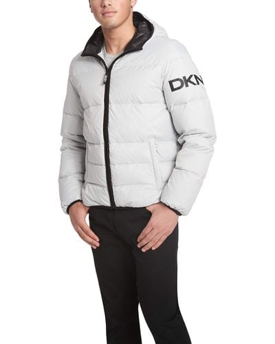 DKNY Water Resistant Ultra Loft Hooded Logo Puffer Jacket - Gray