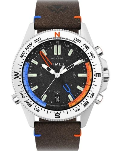 Timex Temp-Compass 43mm Watch - Brown Strap Black Dial Stainless Steel - Grau