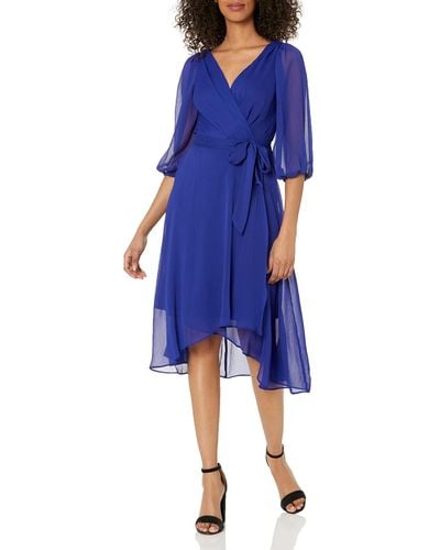 DKNY 3/4th Sleeve Faux Wrap Dress - Blue