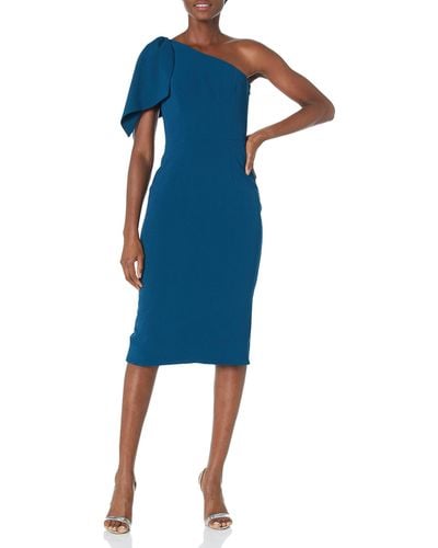 Dress the Population S Tiffany Asymmetrical Bow Neckline Bodycon Midi - Blue