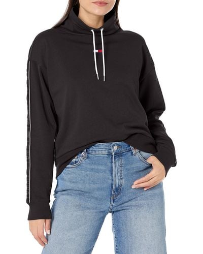 Tommy Hilfiger Cowl Neck Logo Flag On Chest Pullover Draw Cords Long Sleeve - Black