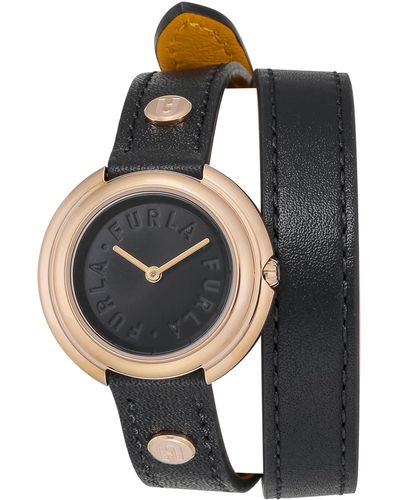 Furla Icon Shape Black Genuine Leather Strap Watch