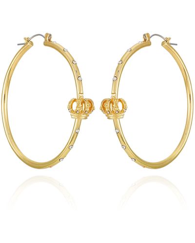 Juicy Couture Goldtone Hoops Adorned With Crystal Glass Stones And Crown Charm Earrings - Metallic