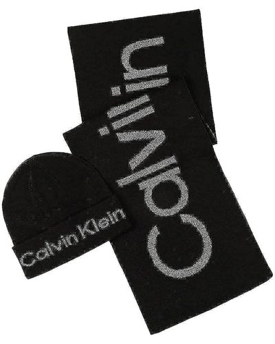 Calvin Klein Tweed Cuff Hat And Scarf Set - Black