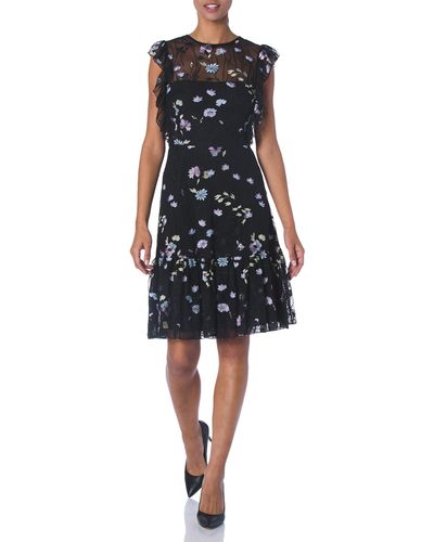 ML Monique Lhuillier Embroidered Mesh Dress With Sleeve Ruffle - Black