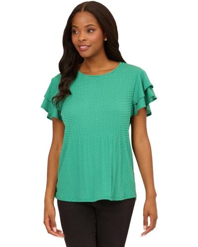 Adrianna Papell Pleated Knit Double Sleeve Top - Green