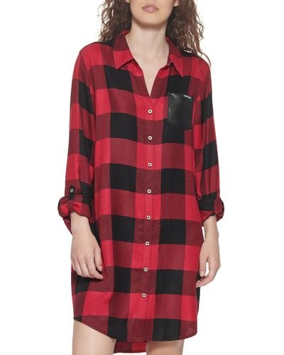 DKNY Flannel Elevated Jeans Woven Top - Red