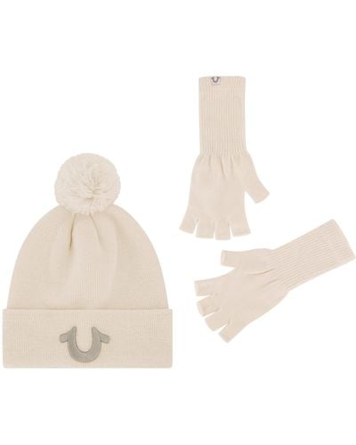 True Religion Beanie Hat And Fingerless Gloves Set - White