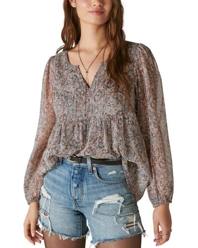 Lucky Brand Open Neck Printed Peasant Top - Brown
