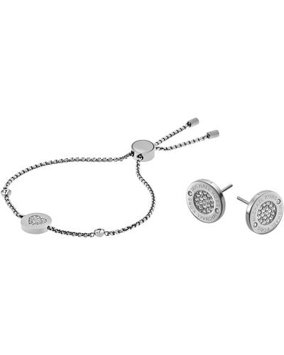 Michael Kors Silver Tone Logo Pave Stud Earrings With Symbols Silver-tone Bracelet - Metallic